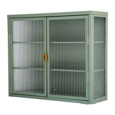 a green metal cabinet with two doors on the front and one door open to reveal an item