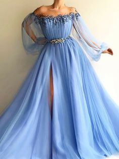 A-Line/Princess Evening Gowns Long Sleeves Off-the-Shoulder Formal Dress Side Slit Prom Dresses Long A812 on Storenvy 파티 드레스, Long Prom Gowns, Dresses Modest, A Line Prom Dresses, Beauty Dress, Prom Dresses With Sleeves, Tulle Prom Dress, Prom Dresses Blue, Floor Length Dresses