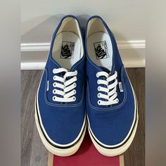 Worn Only One Time. Practically New In Box. Step Up Your Sneaker Game With These Deadstock Vans Authentic 44 Dx - Anaheim Factory Og Blue Shoes. These Sneakers Are Perfect For Men Who Want To Add A Touch Of Style To Their Outfit. With A Us Shoe Size Of 11.5, These Shoes Are Made With Synthetic Upper Material And Are Perfect For Any Lifestyle Activity. The Vans Authentic 44 Dx - Anaheim Factory Og Blue Shoes Come In A Stylish Blue Color And Were Manufactured In 2018. The Product Line Is Perfect F Blue Canvas Skate Shoes With Rubber Sole, Navy Low-top Vans Skate Shoes, Blue Low-top Canvas Sneakers, Classic Blue Lace-up Sneakers, Classic Blue Sneakers With Laces, Navy Lace-up Casual Skate Shoes, Navy Casual Lace-up Skate Shoes, Navy Lace-up Vans Sneakers, Classic Blue Sneakers With Vulcanized Sole