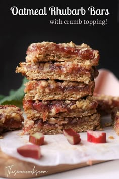 stacked oatmeal rhubar bars with crumb topping