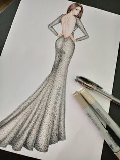 a drawing of a woman in a long silver dress with her back to the camera