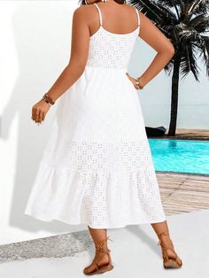 Flirty Plus Size Burnout Ruffle Trim Cami Dress for Your Spring/Summer Beach Season Maxi Dress With Spaghetti Straps And Ruffles, Spaghetti Strap Ruffled Maxi Dress For Beach Season, Summer Tiered Maxi Dress With Lace Trim, Fitted Ruffle Sundress For Beach Season, Sleeveless Ruffled Sundress For Summer Outings, Fitted Ruffled Sundress For Beach Season, Fitted Sundress With Ruffles For Beach Season, White Sundress With Ruffled Straps For Summer, Tiered Lace Trim Beach Dresses