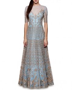 Powder Blue Gotta Patti Gown – Panache Haute Couture Resham Embroidery Maxi Dress For Reception, Festive Embroidered Evening Dress For Reception, Anarkali Evening Dress With Resham Embroidery For Reception, Embellished Floor-length Embroidered Dress For Reception, Hand Embellished Floor-length Embroidered Wedding Dress, Embellished Floor-length Dress For Reception, Hand Embellished Maxi Evening Dress For Reception, Hand Embellished Maxi Length Evening Dress For Reception, Hand-embellished Floor-length Wedding Dress