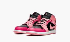 The Jordan 1 Mid PS “Coral Chalk” is the preschool version of the popular retro basketball shoe in a multicolor look that features various shades of pink on its design.  A fun colorway for children, the “Coral Chalk” has a base of black leather on the perforated toe and mid-panel.  The forefoot, collar, heel, and Swoosh are designed in Coral Chalk-colored leather and contrast the neutral appearance of the shoe’s base.  Rose Pink leather is found on the toe cap and middle eyelet panel, and on the Pink Basketball Shoes With Gum Sole For Streetwear, Pink Leather Basketball Shoes With Contrast Sole, Pink Sporty High-top Sneakers With Rubber Waffle Outsoles, Sporty Pink High-top Sneakers With Rubber Waffle Outsoles, Pink Lace-up Basketball Shoes With Contrast Sole, Pink Low-top Basketball Shoes With Contrast Sole, Pink Low-top Basketball Shoes With Gum Sole, Pink Basketball Shoes With Gum Sole For Sports, Jordan Shoes With Rubber Waffle Outsoles For Streetwear