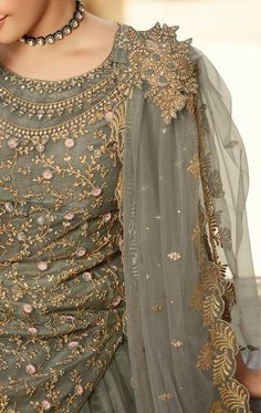 Gray Designer Embroidered Net Wedding Kurti Style Lehenga-Saira's Boutique Wedding Kurti, Kurti Styles, Kurti Style, Zari Embroidery, Stylish Party Dresses, Gray Fabric, Lace Border, Silk Thread, Pakistani Dresses