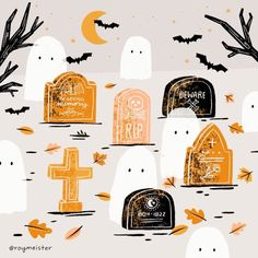 a group of tombstones with bats flying around them