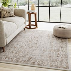 a living room with a couch, chair and rug