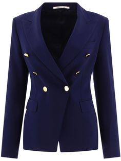 dark violet blue tailored design dart detailing peak lapels double-breasted button fastening shoulder pads long sleeves with buttoned cuffs chest welt pocket two front flap pockets American rear vent straight hem full lining Crepe Blazer, Dark Violet, Lapel Blazer, Tailored Design, Tailored Blazer, Blazer Vest, Single Breasted Jacket, Womens Blazers, Long Sleeve Blazers