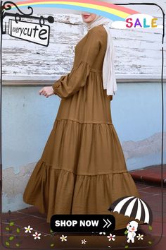 Muslim Solid Color Long Shirt Sundress Casual Pleated Maxi Dress Solid Color Long Sleeve Maxi Dress For Casual Wear, Modest Long Sleeve Cotton Dress, Brown Long Sleeve Maxi Dress For Casual Occasions, Brown Long Sleeve Solid Maxi Dress, Brown Cotton Long Sleeve Maxi Dress, Long Sleeve Brown Maxi Dress For Daywear, Brown Long Sleeve Maxi Dress For Daywear, Modest Long Sleeve Brown Maxi Dress, Modest Brown Long Sleeve Maxi Dress