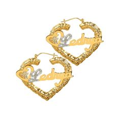 These 10K Gold nameplate earrings are not just a statement piece; they are a beautiful showcase of spirituality for a religious and devoted woman. The nameplate itself is intricate, as the first letter is decorated in beaded rhodium, highlighting the matching cross that sparkles within the adjoining heart. The bamboo style hoop is fashioned in a complementing heart shape to frame all of the earring\'s best attributes. Wear these nameplate earrings to show your faith or bless a loved one with this gift for a special occasion. These earrings can be personalized with up to 12 characters. For adult women. Size: one size.  Gender: female. Name Earrings, Round Stud Earrings, Custom Earrings, Girly Jewelry, Tassel Earrings, Gold Plated Sterling Silver, Heart Shape, Statement Earrings, Women's Earrings