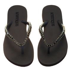 Handmade & Made to Order (2-3 Weeks) 100% Rubber Sole Embellished with Czech Crystals Made in Bali, Shipped from Los Angeles Comes in Small (5/6) Medium (7/8) Large (9/10) Mystique Sandals, Beaded Flip Flops, Handmade Leather Sandals, Comfortable Flip Flops, Beachy Style, Rubber Flip Flops, Black Jet, Leather Sandals Handmade, Beach Flip Flops