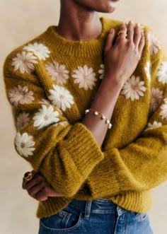 Long-sleeved Wool and Kid Mohair Jumper;Slightly oversized;Floral embroidery on chest and sleeves;Round neckline;Length from the shoulder: 54.5 cm / 21.5 in (for a S) Chocolate Clothes, Mohair Jumpers, Autumn Knitwear, Embroidery Sweater, Scandinavian Fashion, Buy Sweaters, Short Denim, Mood Board Fashion, Embroidered Sweater