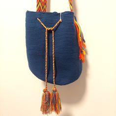 Wayuu Mochila Bag- Handmade In Colombia- 100% Aunthentic Size Large Gift Crochet Bucket Bag With Adjustable Strap, Casual Blue Beach Bag With Removable Pouch, Blue Handwoven Bucket Bag, Handmade Casual Pouch Bag, Casual Handmade Bag With Adjustable Strap, Casual Handmade Bags With Adjustable Strap, Casual Handmade Pouch Bag, Blue Bohemian Crochet Bag With Woven Details, Blue Bohemian Woven Bucket Bag