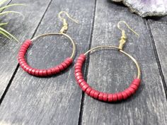 Red Turquoise Beaded Hoop Earrings, Red and Gold Gemstone Hoop Earrings, Handmade Hoop Earrings with Festival Wire Wrapped Beaded Earrings With Round Beads, Red Hoop Earrings With Colorful Beads For Jewelry Making, Red Round Bead Earrings For Festivals, Red Beaded Earrings For Beach, Red Round Hoop Earrings For Festivals, Red Hoop Earrings For Festival, Red Hoop Earrings With Tiny Beads, Red Round Earrings For Beach, Handmade Red Hoop Earrings For Beach