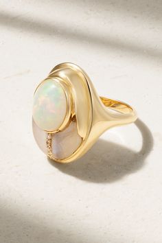 Mason and Books' 'Love Bug' ring is inspired by the ancient Egyptian scarab - it was known to be a talisman for good luck. Made by hand, it's cast from 14-karat gold and set with Ethiopian opal and rainbow moonstone with a row of light-catching diamonds along the middle. Scarab Ring, Bug Ring, Turquoise Gold Ring, Egyptian Scarab, Gold Sapphire Ring, Emerald Ring Gold, Love Bug, For Good Luck, Turquoise Rings