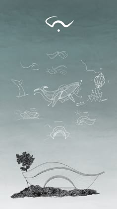 a drawing of a tree on top of a hill with clouds in the sky above it