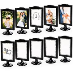 a set of twelve black and white photo frames with wedding pictures on them, each holding an individual's own photograph