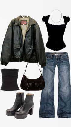 Leather Jackets Women Aesthetic, Black Boots Leather Jacket Outfit, Cool Edgy Outfits For Women, Outfit Ideas With Purse, New York Leather Jacket Outfit, Winter Outfits 80s Style, Leather Jacket 80s Outfit, Aesthetic Outfits Girl Vintage, Rockstar Girlfriend Leather Jacket