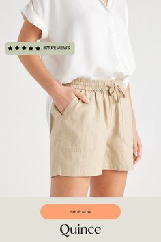 Relaxed and lightweight, these shorts are equally perfect for lounging around or stepping out to see friends. Made from soft, 100% organic linen, they’re a perfect addition for the warm weather.  | Quince | Women's Shorts in Driftwood, Size Small, Linen Linen Drawstring Shorts For Vacation, Neutral Shorts For Beach In Summer, Neutral Shorts For Summer Vacation, Neutral Shorts For Summer Beach, Casual Neutral Shorts For The Beach, Casual Neutral Shorts For Beach, Casual Neutral Beach Shorts, Summer Beach Neutral Shorts, Neutral Beach Shorts