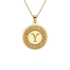 Celebrate your Greek heritage with our Greek Key Disc Necklace featuring a Greek Initial. Meticulously crafted in solid gold or sterling silver, this pendant beautifully marries cultural pride with personalized elegance. The Greek key motif, representing infinity and unity, surrounds your chosen Greek initial, creating a powerful statement of heritage and identity. Wear it with pride or gift it to a fellow Greek; it's a unique expression of cultural identity and individuality, beautifully crafte Symbolic Medallion Jewelry For Commemoration, Symbolic Engraved Yellow Gold Medallion Necklace, Classic Tarnish Resistant Medallion Necklace, Symbolic Medallion Necklace For Commemoration, Elegant Commemoration Coin Pendant Jewelry, Symbolic Engraved Jewelry For Commemoration, Classic Gift Medallion Necklace Tarnish Resistant, Classic Tarnish Resistant Medallion Necklace For Gift, Classic Tarnish-resistant Medallion Necklace Gift