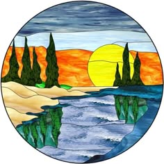 a round stained glass window with trees and water in the foreground, on a white background