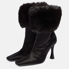 Elevate your winter style with these Black Satin Booties featuring a chic square toe, flared heel, and luxurious faux fur lining. Perfect blend of elegance and warmth for the season. Color: Black Material: Satin Heel Type: Flared heel Heel height: 4" / 100 mm approx Product measurements were taken using size 8. Please note that measurements may vary by size. Toe: Square toe Zipper design makes it easier to wear on Faux fur accents design Handcrafted US sizing. Fits true to size. Fur Winter Boots, Cowboy Shoes, Brown Handbags, Festival Shoes, Dance Heels, Heels Brown, Boots Square Toe, Womens Chunky Heels, Womens Stilettos