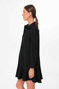 A sophisticated update to the closet staple shirt dress we love, the Crepe Callahan perfectly merges classic and trendy. This mini seamlessly combines functional details like invisible side pockets and a button front half placket with a flirty flutter hemline to create a style that encapsulates unfussy femininity. We are pairing this tailored piece with flats or sneakers for a casual look and switching to heels when the occasion calls for it. Classic collar Long sleeves with button cuffs Button Chic Mini Dress With Pockets For Daywear, Chic Shirt Dress With Button Cuffs For Daywear, Chic Long Sleeve Shirt Dress For Formal Occasions, Formal Button-up Shirt Dress With Pockets, Chic Shirt Dress With Placket For Work, Casual Mini Dress With Ruffles For Work, Elegant Shirt Dress With Placket For Business Casual, Classic Office Dresses With Pockets, Classic Long Sleeve Mini Dress For Daywear