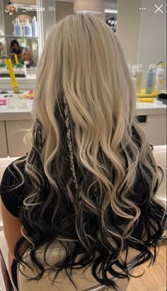 Black Extensions Blonde Hair, Platinum Extensions On Dark Hair, Blond Black Highlights, Blonde Hair With Black Highlights Y2k, Vertical Split Dyed Hair, Platinum Blonde Under Black Hair, Blonde Hair With Red Balayage, Black Tip Hair Blonde, Blonde Hair And Black Underneath