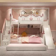 a child's bedroom with bunk beds, stairs and pink carpeted flooring