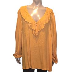 Brighten Up Your Look And Walk The Streets In Chic Style With This Flounce Front Blouse From Harper + Zoe! - Brand: Harper + Zoe Plus - Size: 3x - Color: Golden Yellow - Materials: 100% Rayon - Textured Design - Ruffled V-Neckline - 4-Button Front Closure - Elastic Cuffs - Soft And Flowy - Looks Amazing Tucked In, As In The Stock Photo (Same Style, Different Color) Approx, In Inches, Laid Flat: Chest - 29.5 Length - 28 New With Tags - The Retail Tag Has Discoloration, And There Is A Pull On The Back As Shown. -1015hfcupb- Yellow V-neck Blouse For Fall, Casual Yellow Long Sleeve Peasant Top, Yellow Flowy V-neck Blouse, Yellow Flowy Casual Blouse, Flowy Yellow Casual Blouse, Flowy Yellow Blouse For Fall, Casual Flowy Yellow Blouse, Yellow Long Sleeve Peasant Top For Summer, Mustard Long Sleeve Tops For Summer