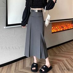 Lasaky - Professional Grey High-Waisted Pleated Skirt with Pencil Silhouette and Knee-Length Design Gray Midi Skirt, High Waisted Denim Skirt, Pencil Silhouette, High Waisted Pleated Skirt, Midi Denim, Knee Length Skirt Pencil, Skirts Midi High Waisted, Dance Skirt, Denim Midi Skirt