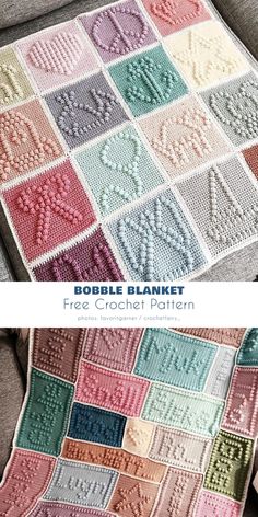 a crocheted blanket is shown with the words bubble blanket written in different colors