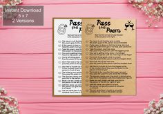 printable passe the poem game for adults and kids on pink wood planks with baby's breath flowers