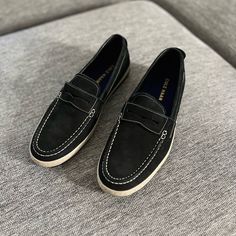 Never Worn, Brand New Black Suede Penny Loafer With White Stitching From Cole Haan Grand Line - Super Comfortable Line Walking On Air!! Casual Wingtip Slip-ons With Brogue Detailing, Casual Wingtip Slip-ons For Business, Casual Slip-on Oxfords With Textured Sole, Casual Black Oxfords For Spring, Black Suede Loafers For Business Casual, Casual Slip-on Loafers For Work, Casual Slip-on Oxfords With Rubber Sole, Casual Slip-on Oxfords With Cushioned Footbed, Casual Slip-on Oxfords With Flat Heel