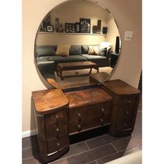 Fantastic Burled Walnut Retro Dressing Table with Round Mirror & Rare Blue Mirror Banding  This piece was purchased from a dealer in Chicago in 1985 but It's probably circa somewhere from the 1930's to 1950's based on the Art Deco lines, waterfall front and curved shape. Although it would work beautifully in a Mid-Century Modern space as well. The drawers are great as a dresser or dressing table for storage and there are recessed wheels on the bottom for easy movement. Upholstered Bench is inclu Circle Mirror Vanity, 90s Vanity, Table With Round Mirror, Retro Dressing Table, Vintage Makeup Vanities, Antique Vanity Set, Art Deco Dressing Table, Art Deco Lines, Table Vanity