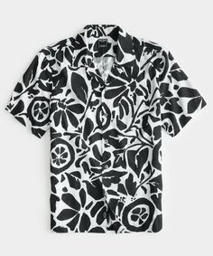 Abstract Floral Short Sleeve Camp Collar Shirt in Black White White Cotton Camp Shirt With Floral Print, White Relaxed Fit Hawaiian Camp Shirt, Cotton Camp Shirt With Floral Print, White Hawaiian Camp Shirt With Relaxed Fit, Floral Print Cotton Camp Shirt With Camp Collar, White Cotton Camp Shirt For Vacation, White Camp Shirt With Camp Collar For Spring, Black Camp Shirt For Summer Outdoor Activities, White Casual Camp Shirt For Vacation