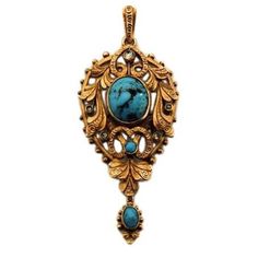 Textbook gold Art Nouveau pendant highlights a matrix turquoise, five small rose diamonds, a small round turquoise at the central ribbon swirl and a lovely oval turquoise drop. The entire pendant is edged with granulation. We get the sense that the pendant expands past its frame. This is a necklace to be given and worn with pride. A period chain is available and sold separately. Alternatively, this pendant can be worn on a variety of ribbons and tied to the desired length.English c. 1895-1915. W Elegant Turquoise Jewelry With Large Pendant, Ornate Turquoise Jewelry For Collectors, Elegant Turquoise Oval Pendant Jewelry, Formal Turquoise Engraved Jewelry, Victorian Turquoise Jewelry For Formal Occasions, Elegant Turquoise Filigree Jewelry, Elegant Hallmarked Turquoise Jewelry, Art Nouveau Peacock, Diamond Gold Pendant