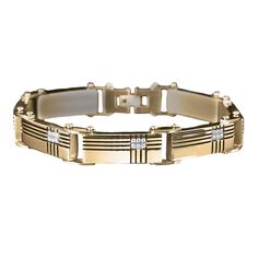 Once you open our luxury presentation case and get this new designer bracelet on your wrist, we predict that you will be loathe to take it off. 7 panels of premium grade 316L solid stainless steel fused with 18k yellow gold are etched with a geometric pattern before being set with no less than 42 of our flawless Diamondeau® - the Supreme Diamond Alternative . Fits up to an 8.25" wrist. Modern Stainless Steel Gold Bracelet For Formal Occasions, Modern Gold Stainless Steel Bracelet For Formal Occasions, Modern Gold Bracelet For Formal Occasions, Modern Gold Chain Bracelet With Polished Finish, Modern Gold Bracelets For Formal Events, Luxury Stainless Steel Chain Bracelet With Rectangular Links, Modern Stainless Steel Jewelry With Jubilee Bracelet, Luxury White Gold Stainless Steel Bracelets, Modern Stainless Steel Jubilee Bracelet Jewelry