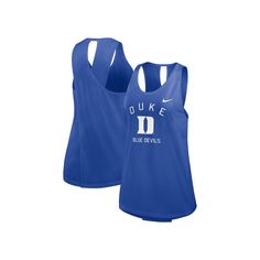 Channel the spirit of the Duke Blue Devils on your next workout with the Nike Primetime Crossback Tank Top. Designed with a crossed, open-back design, this tank top offers a breezy feel and fashionable look. The scoop neck provides a relaxed fit, while the team name and logo are proudly screen printed across the front. This top's crossed back will keep you cool and ready to cheer on the Duke Blue Devils all game long.Channel the spirit of the Duke Blue Devils on your next workout with the Nike P Blue Sleeveless Top For Sports Events, Blue Sporty Tank Top, Sporty Blue Top With Tank Straps, Team Spirit Sleeveless Tank Top For Sports, Blue Sleeveless Sports Season Tops, Sportswear Tops For Sports Events With Racerback, Sportswear Racerback Tops For Sports Events, Nike Sporty Racerback Tops, Blue Sleeveless Top For Sports Season