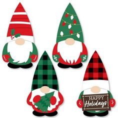 four christmas gnomes are shown with the words happy holidays