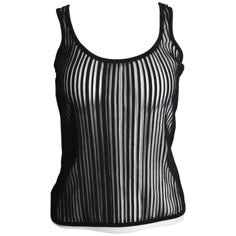 - Vintage 90s Thierry Mugler black knitted vertical stripe see through tank top. This sexy tank top is rare! - Made in Italy. - Size M. - 90% Nylon, 7% Polyamide, 3% Elasthanne. Party Ribbed Sleeveless Top, Ribbed Sleeveless Party Top, Chic Striped Fitted Tank Top, Striped Fitted Tops With Tank Straps, Sleeveless Ribbed Party Top, Fitted Striped Tops With Tank Straps, Striped Fitted Tank Top With Tank Straps, Seamless Scoop Neck Tank Top For Party, Summer Party Ribbed Tank Top