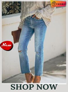 Ripped Straight-leg Cropped Jeans Light Blue Decor, Cable Knit Turtleneck Sweater, Jacket Outfit, Trendy Fashion Outfits, Solid Clothes, Look At You, Outfit Casual, Casual Party, Wholesale Clothing