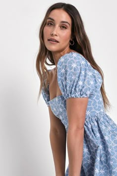 If we seem a little distracted, it's only because we were fantasizing about prancing through a meadow wearing the Lulus Fit to Frolic Blue Eyelet Lace Puff Sleeve Babydoll Dress! This embroidered eyelet lace dress is here to serve up all those free-spirited daydreams with its square neckline, short puffy sleeves (with elastic at the shoulders and cuffs), and babydoll silhouette. Mini hem wears well with bare feet and a basket of flowers! Hidden back zipper/clasp. Fit: This garment fits true to s Eyelet Lace Dress, Senior Picture Outfits, Lulu Fashion, Eyelet Dress, Eyelet Lace, Blue Mini Dress, Puffed Sleeves Dress, Grad Dresses, Flowy Dress