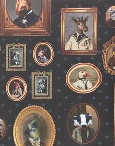 a wall with many framed pictures and animals on it's side, including a dog