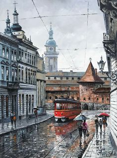 a painting of people with umbrellas walking in the rain on a city street next to buildings