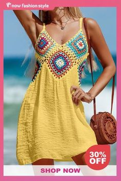 Yellow Sexy Casual Patchwork Backless Spaghetti Strap Beach Dress Dresses V-neck Sleeveless Dress For Summer Beachwear, Cami Mini Dress For Vacation, Summer Sleeveless Dress With Spaghetti Straps, Summer Sleeveless Dress With Spaghetti Straps For Beach Party, Sleeveless Spaghetti Strap Dress For Beach Cover-up In Spring, Sleeveless V-neck Beach Dress For Summer, Beachy Sleeveless Dress For Beach Cover-up, Casual Sleeveless Beach Dress Cover-up, Summer Spaghetti Strap Sleeveless Beach Cover-up Dress