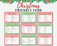 the christmas friendly food list is shown in red, green and pink with holly wreaths