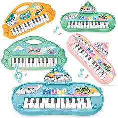 four musical instruments are shown with music notes on the keyboard and piano keys in different colors