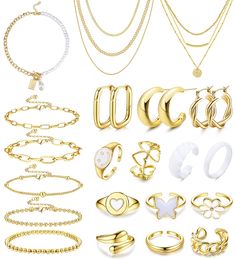 PRICES MAY VARY. 【Gold Jewelry Set】Well-chosen fashion jewelry set, Gold Necklace for Women, Gold Chain Bracelet, Knuckle Rings and Gold Hoop Earrings, all in on swoop. Affordable jewelry set, let's catch the whole lot in an action, enrich your jewelry box. 【Trendy Jewelry】This dainty jewelry sets offers endless styling possibilities. Wear together or separately or match it with your other jewelry according. Suitable for all ages, you can arbitrarily stack them to make your more charming. 【Exqui Vacation Jewelry, Amazon Jewelry, Small Gold Hoop Earrings, Gold Jewelry Gift, Preppy Jewelry, Gold Bracelet Set, Gold Jewelry Sets, Gold Armband, Packing Jewelry