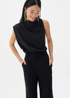 Maya Asymmetric Drape Blouse | Love, Bonito US Solid Color Sleeveless Blouse For Work, Sleeveless Blouse For Work, Modern Sleeveless Tops For Formal Occasions, Modern Sleeveless Formal Tops, Elegant Asymmetrical Hem Tops For Work, Chic Top With Asymmetrical Neckline, Chic Asymmetrical Blouse For Formal Occasions, Black Asymmetrical Top For Work, Modern Top With Asymmetrical Neckline For Fall